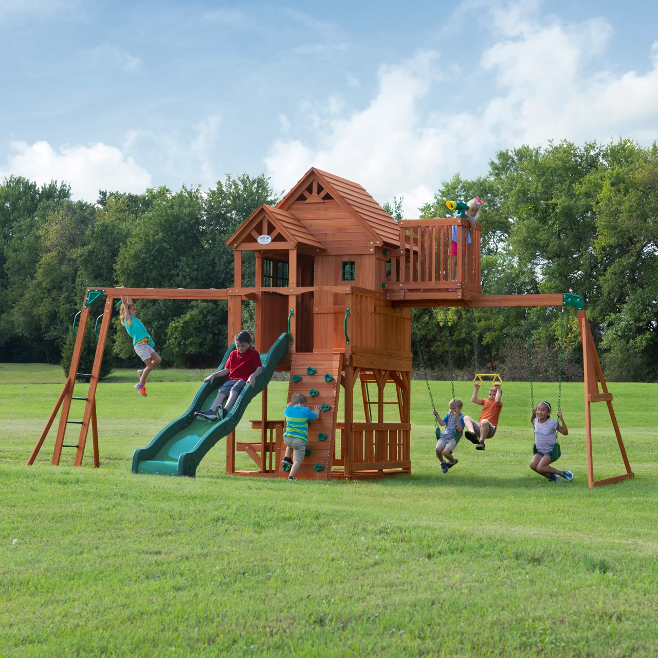 Backyard Discovery Large Wooden Swing Set Skyfort II Cedar Swing